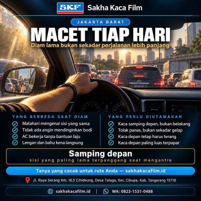 Pemandangan dari dalam mobil yang berhenti di kemacetan sore, matahari mengenai lengan pengemudi