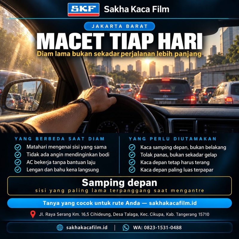 Pemandangan dari dalam mobil yang berhenti di kemacetan sore, matahari mengenai lengan pengemudi