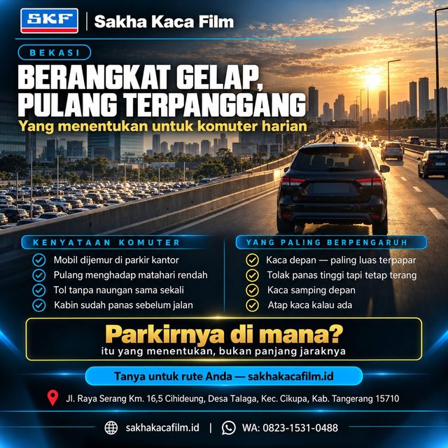 Mobil melaju di jalan tol layang sore hari dengan matahari rendah memenuhi kabin