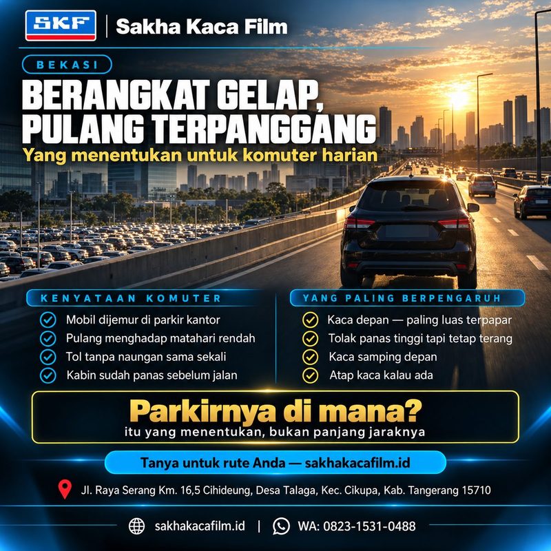 Mobil melaju di jalan tol layang sore hari dengan matahari rendah memenuhi kabin