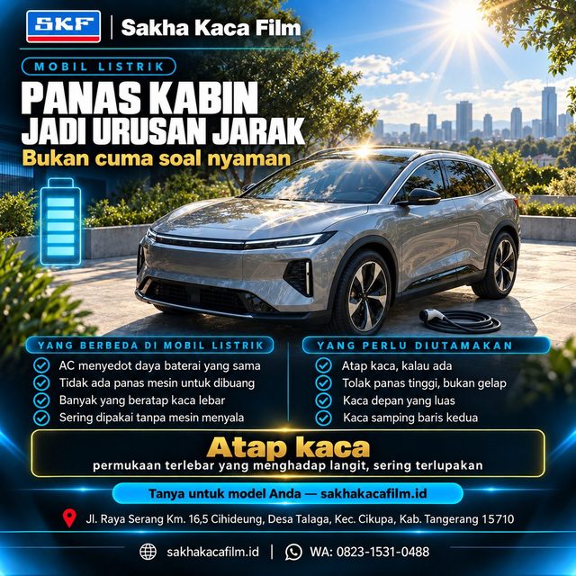 Mobil listrik beratap kaca lebar terparkir di bawah matahari terbuka