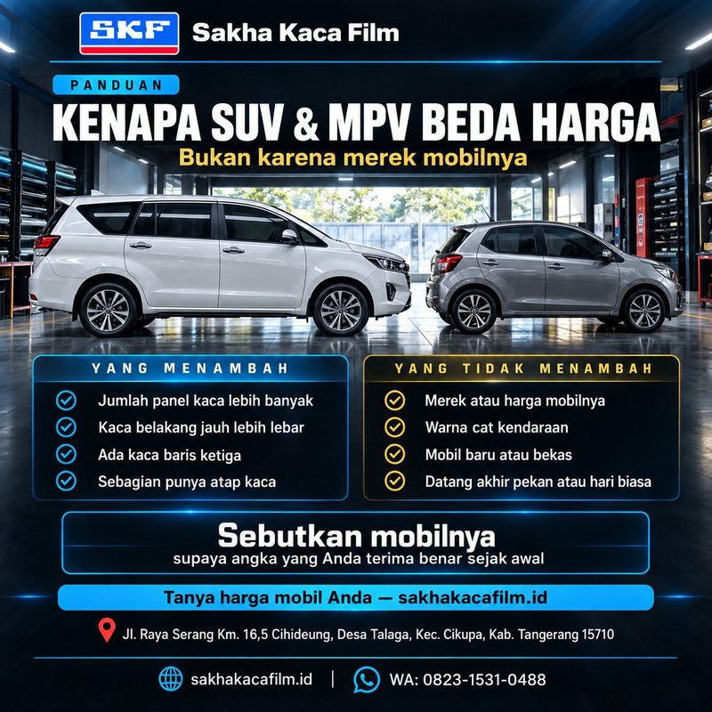 MPV tujuh penumpang difoto dari samping di bengkel, seluruh panel kacanya terlihat
