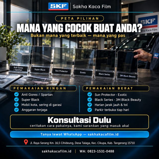 Enam potongan sampel kaca film Sakha tertata di meja untuk dibandingkan