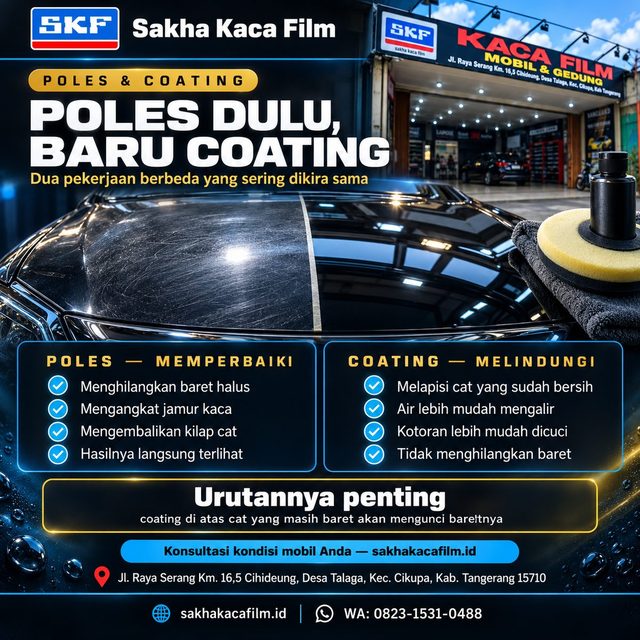 Kap mesin mobil terbagi cahaya: separuh kusam berbaret halus, separuh mengilap
