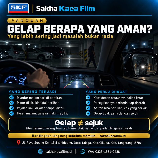 Pandangan pengemudi saat mundur malam hari di parkiran remang dengan pejalan kaki samar