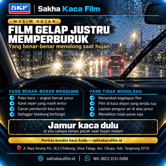 Pemandangan menembus kaca depan basah saat senja, lampu kendaraan lain memecah jadi garis